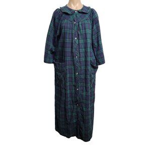 The Vermont Country Store Plaid Button Down Nightgown Blue Green Long Sleeve M